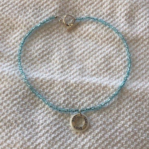 NEW! Beaded Choker Necklace Seed Bead w Shell & Stamped "Love" Metal Pendant - Picture 4 of 8